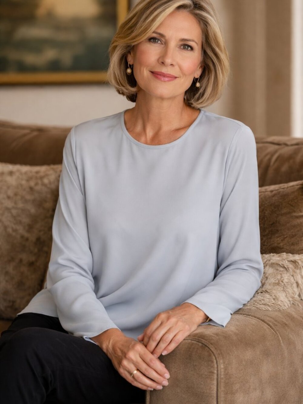 Eileen Fisher Silk Crepe Blouse Gray Insky